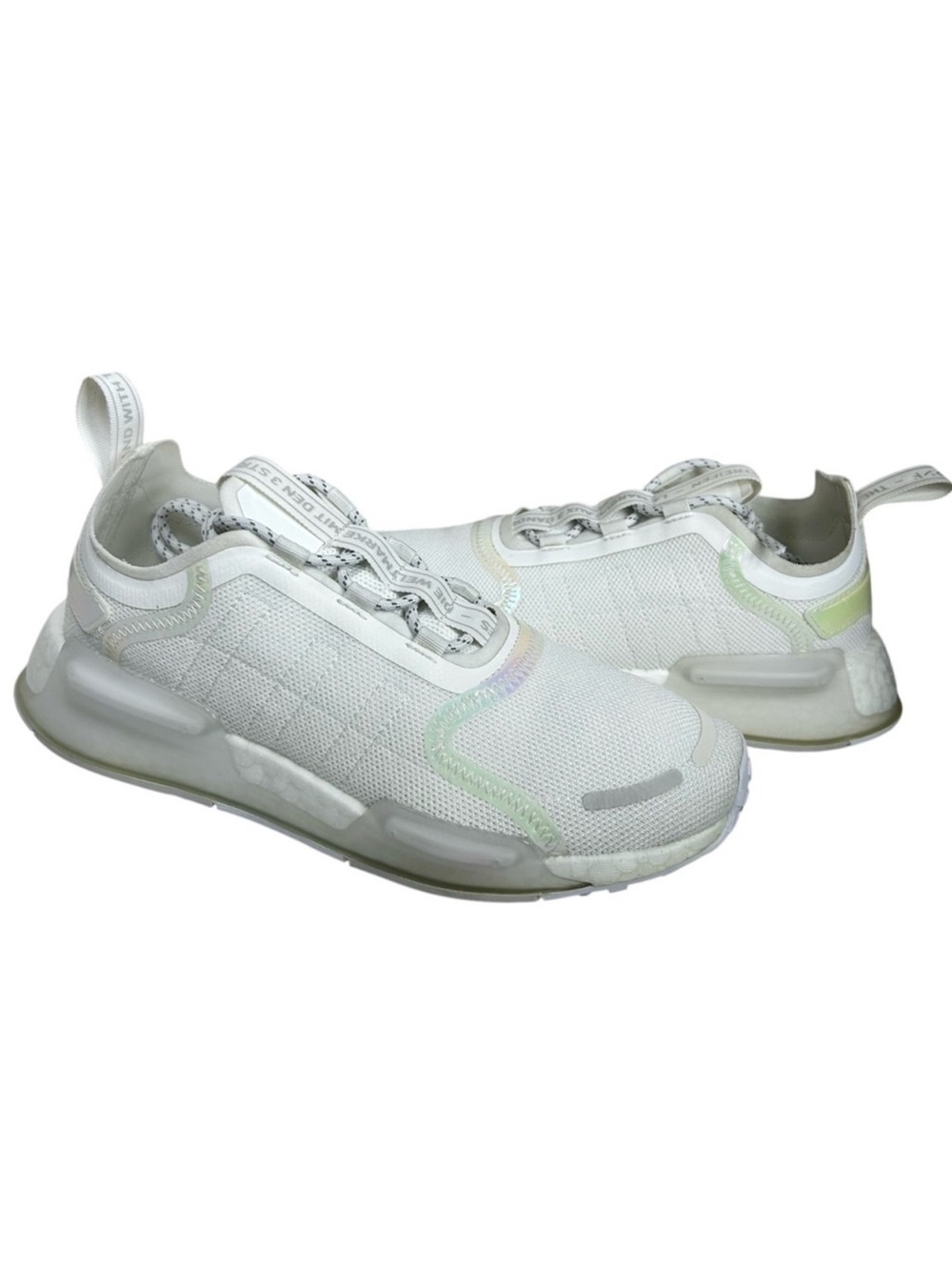 Adidas NMDV3 GX5698 Triple White Iridescent Running Shoes Girls Youth 6 Women 7